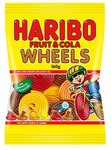 HARIBO FRUIT & COLA WHEELS  KIDS AND GROWN-UPS LOVE IT SO, THE HAPPY WORLD OF HARIBO BE TREAT WISE GET TA KNOW YOUR %DI KNOW YOUR %DI