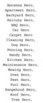 ANTENNA HERO, ; APARTMENT HERO, ; BACKYARD HERO, ; BALCONY HERO,